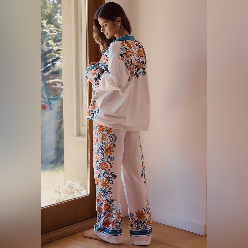 Anthropologie White Blue Orange Floral Print Pajama Pants XL - Picture 2 of 16